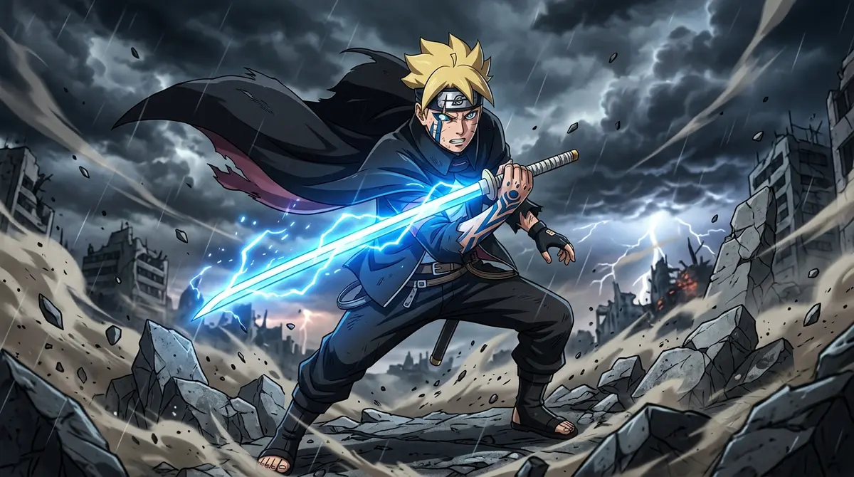 Boruto Uzumaki in Two Blue Vortex post-timeskip outfit with katana