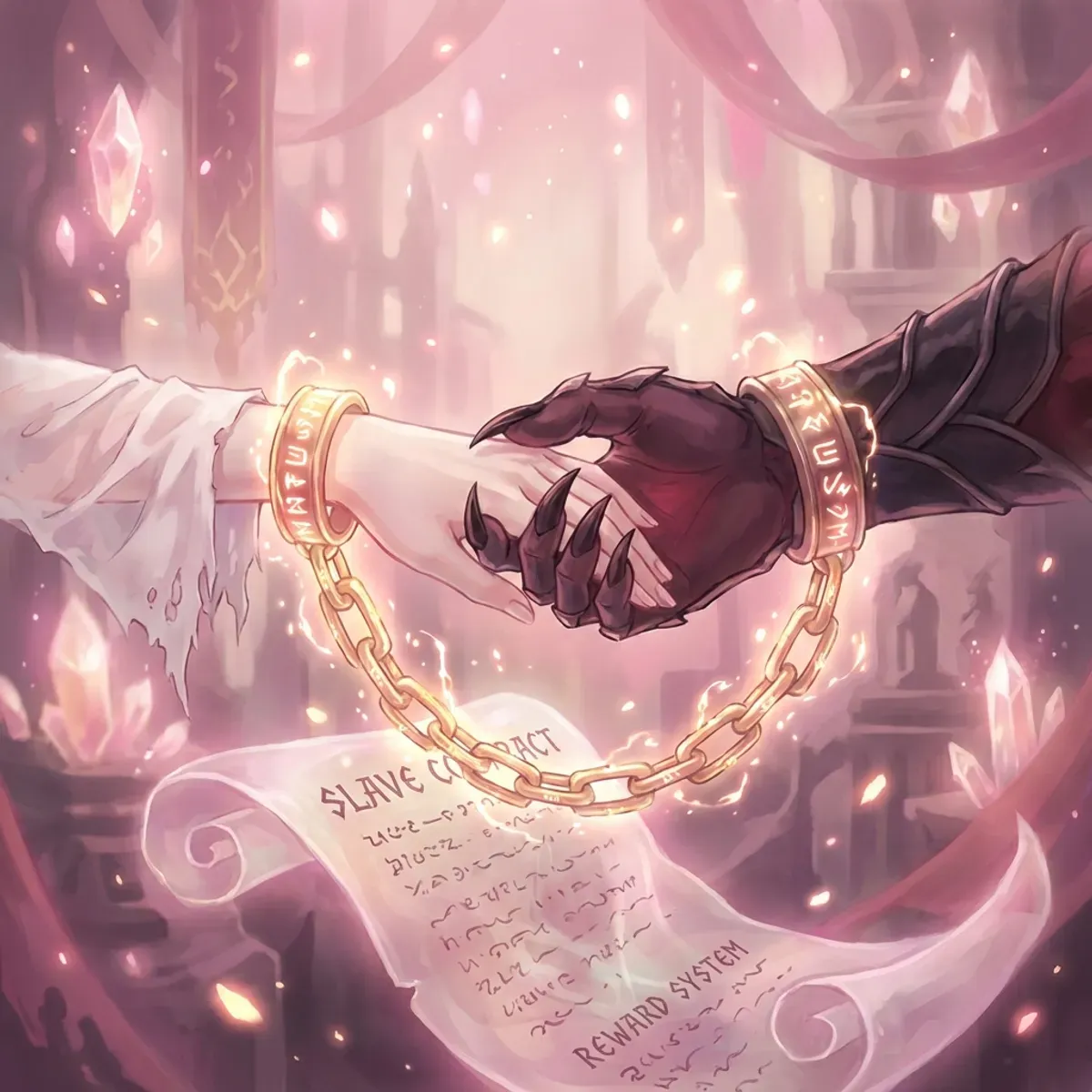 Symbolic glowing chain connecting a human hand and a demonic hand representing the Slave Contract