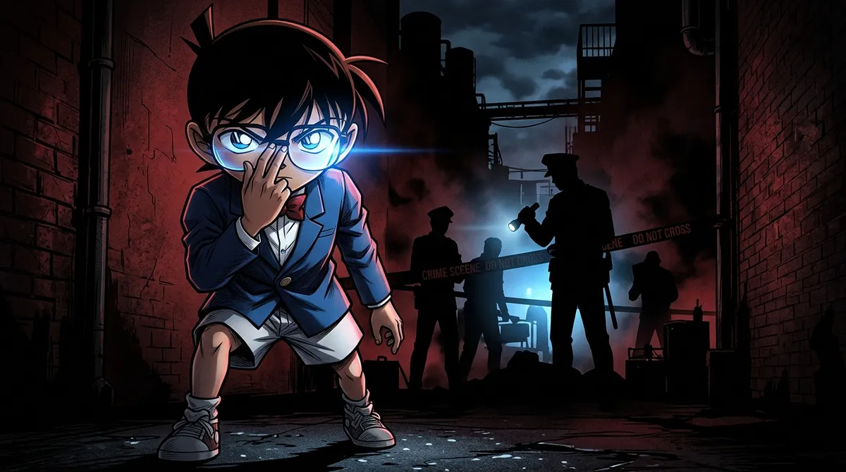 Conan Edogawa pointing ahead with dramatic crime scene investigation backdrop