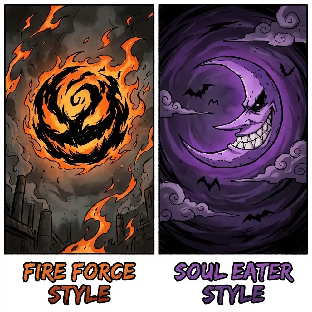 Fire Force Adolla moon with faint grin compared to Soul Eater moon