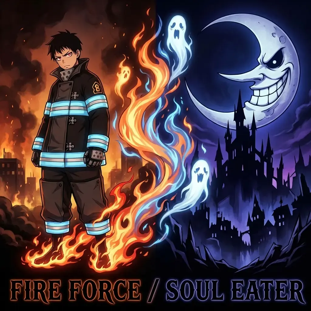 Fire Force and Soul Eater universe connection showing Shinra and the grinning moon