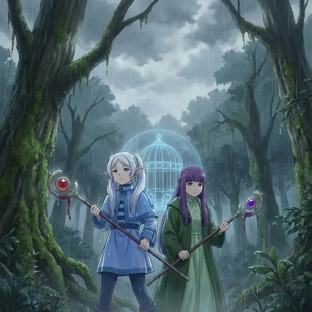 Frieren and Fern standing in the rain during the First Class Mage Exam