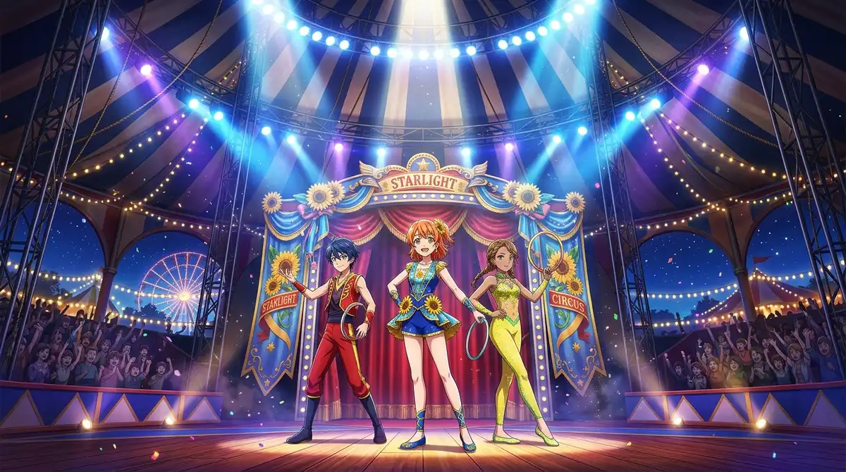 Promotional style visual of circus performers under dramatic spotlight for Grow Up Show Himawari no Circus-dan