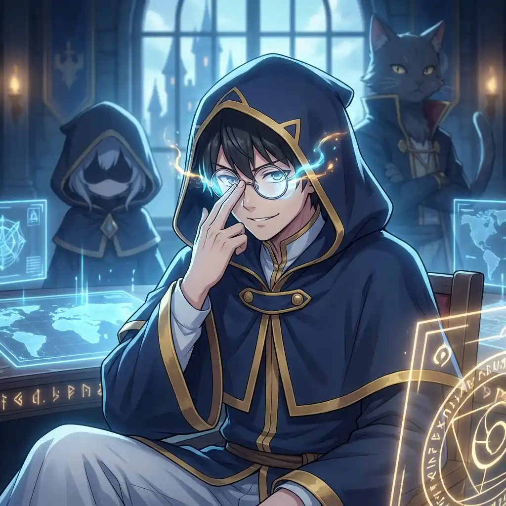 Shiroe, the Villain in Glasses, adjusting his eyewear with his guild members in the background