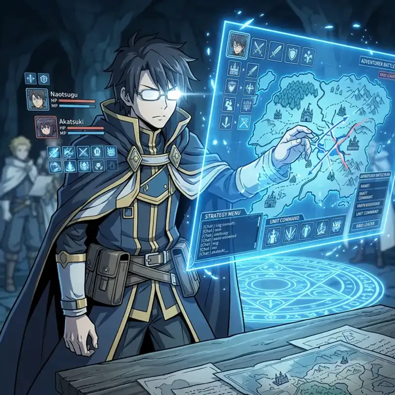 Shiroe adjusting his glasses with a tactical map in Log Horizon