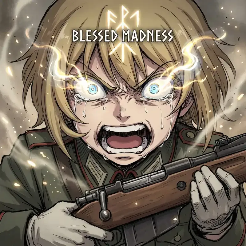 Mary Sioux crying with rage and glowing with unstable divine magic