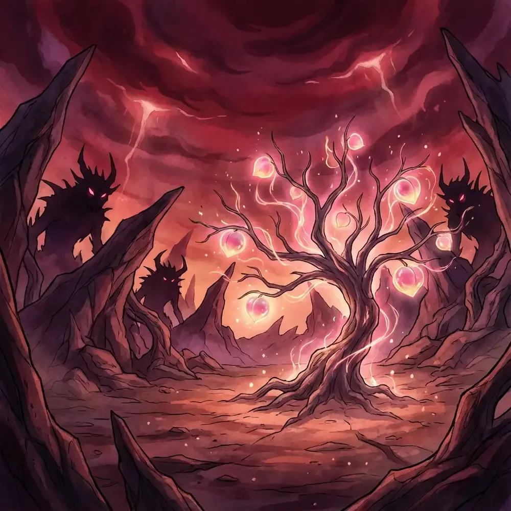 Desolate landscape of the Mato Dimension with a glowing Peach tree and Shuuki monsters in shadow