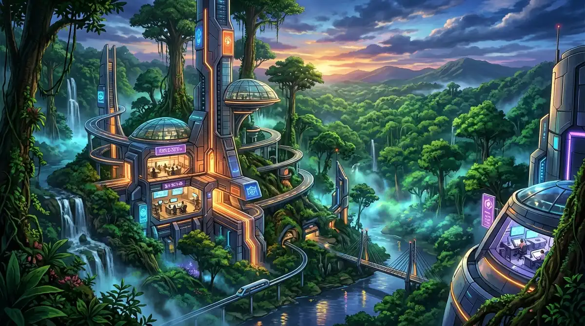 Stylized anime concept art showing lush Borneo rainforest canopy mixed with futuristic Southeast Asian animation aesthetic