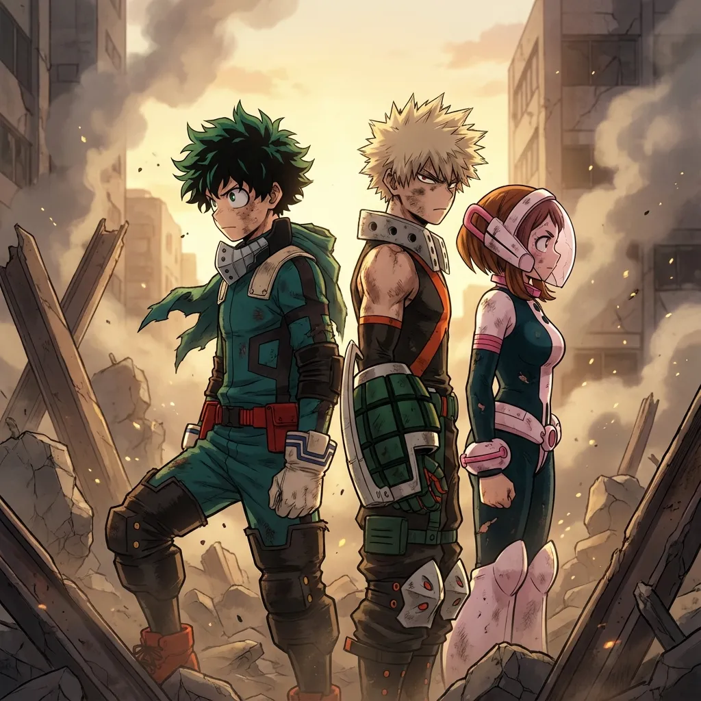 Deku, Bakugo, and Uraraka standing together in the aftermath of the war