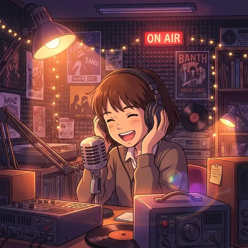 A cozy midnight radio studio atmosphere in Tune In to the Midnight Heart