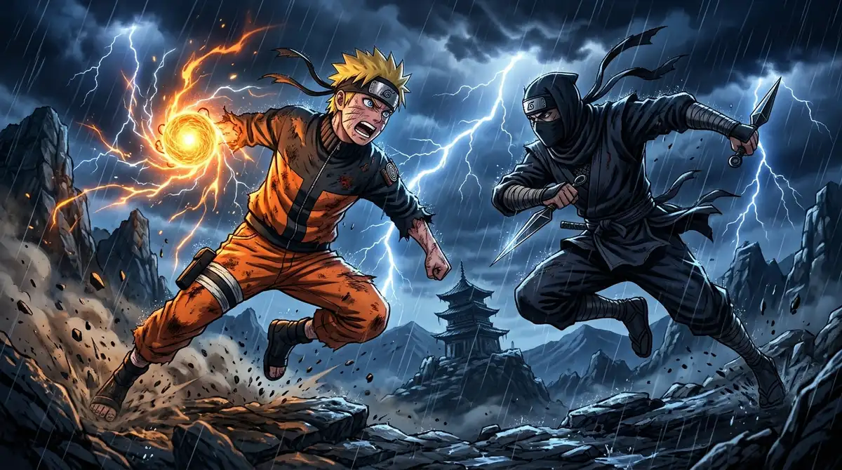 Naruto Uzumaki standing beside classic ninja silhouette under stormy skies