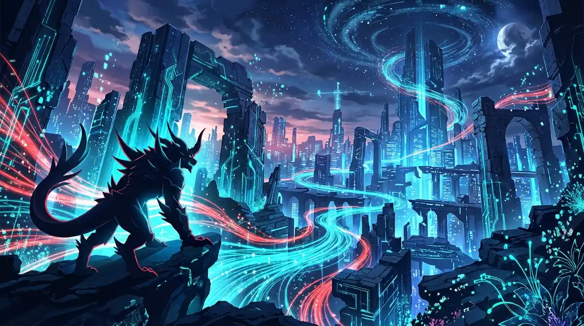 Cybernetic digital monster silhouette glowing against data stream horizon