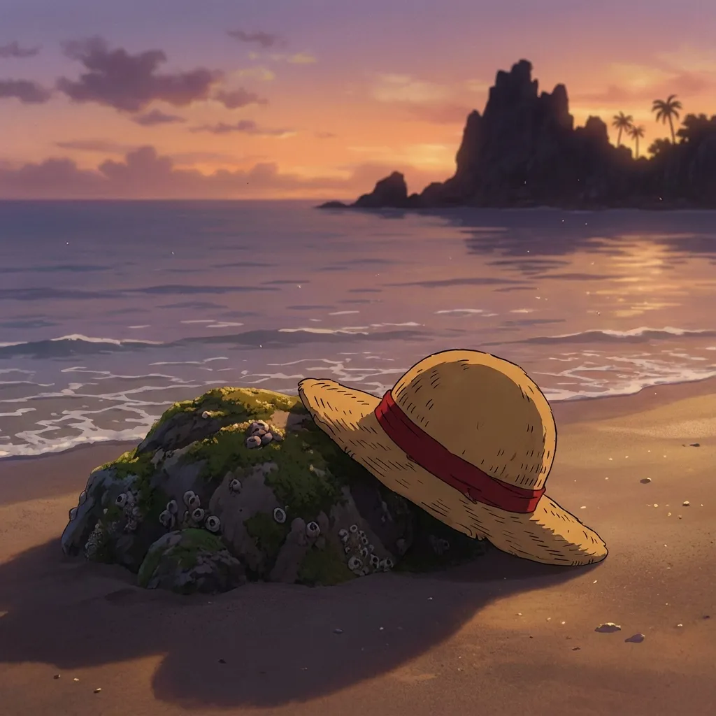 The Straw Hat resting on a quiet beach at sunset, symbolizing the end of the journey