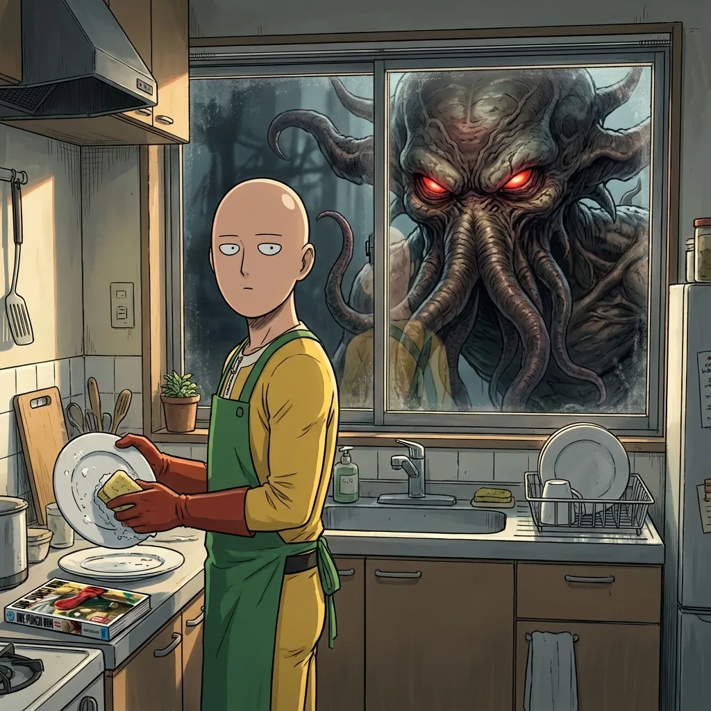 Saitama washing dishes while an alien monster watches from the window