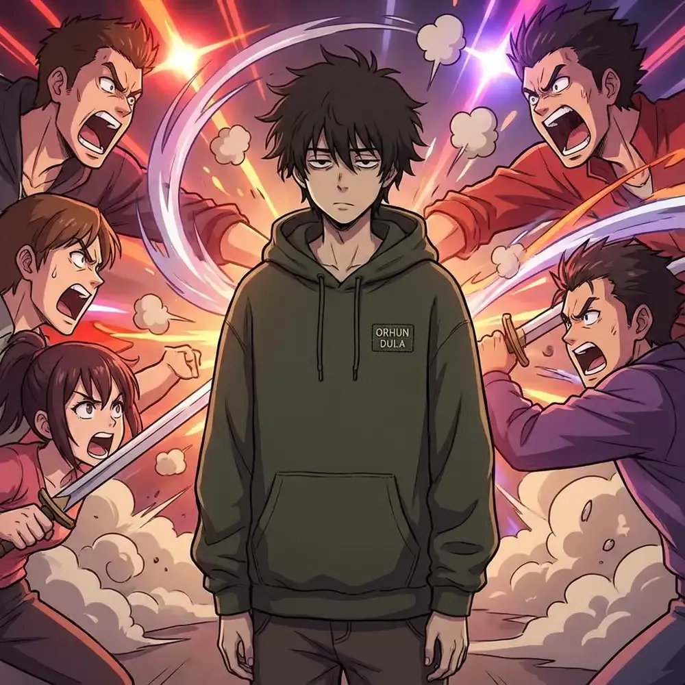 Orhun Dula standing passively while chaos happens around him, looking completely bored