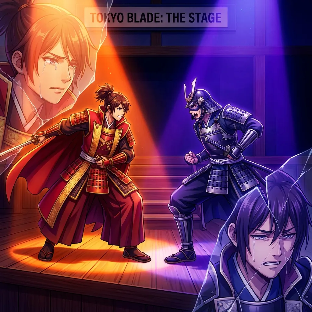 Tokyo Blade stage play cast facing off in dramatic lighting
