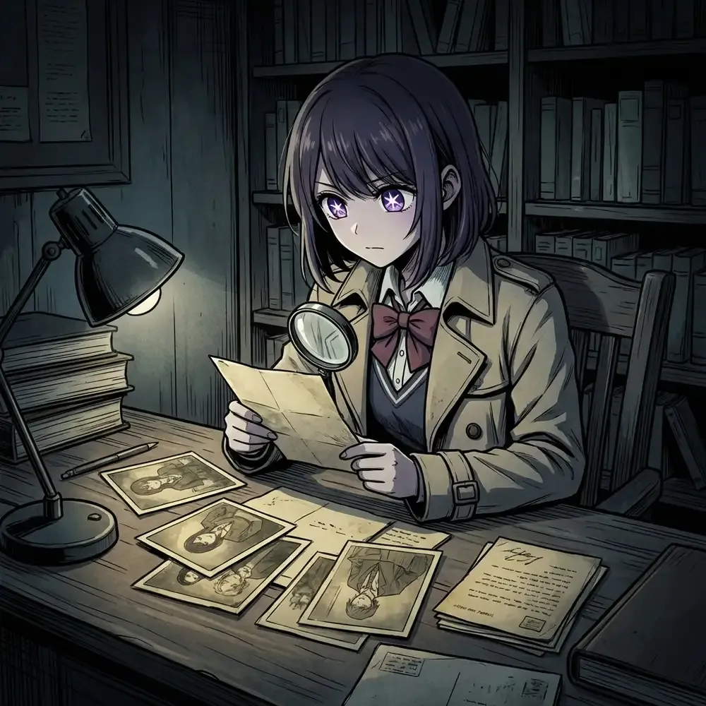 Ruby investigating old photographs and documents in the shadows