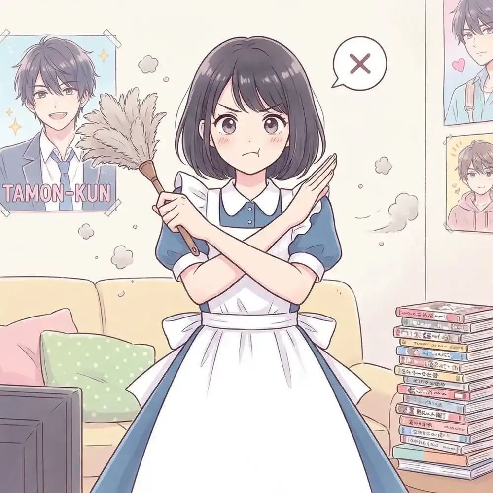 Utage cleaning in maid outfit while making the X sign to protect her idol's image