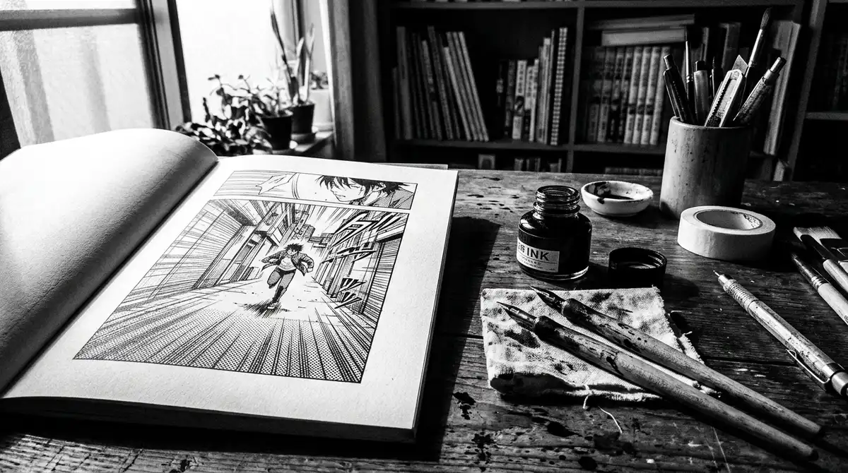 Dramatic manga pen and ink artwork on drafting table symbolizing Bagudan final chapter