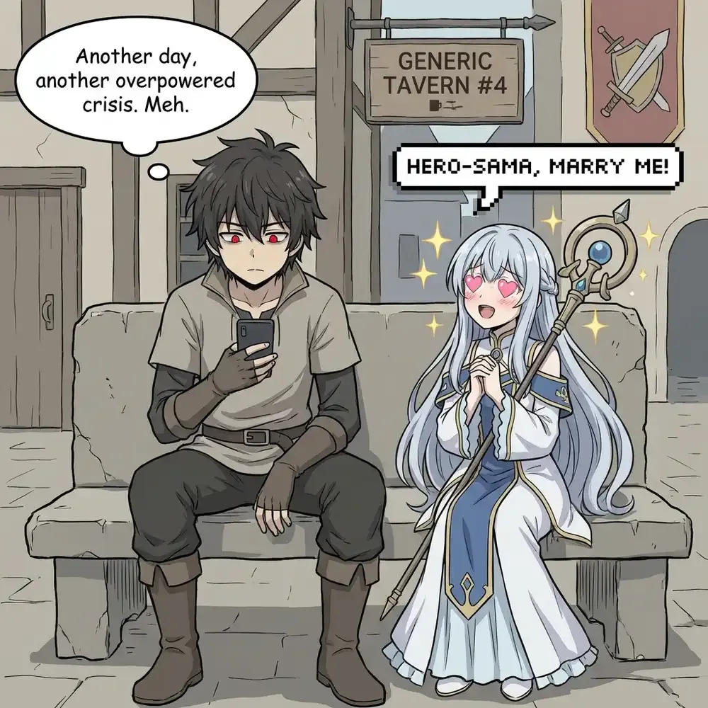 Yoki surrounded by admiring characters in a generic isekai setting